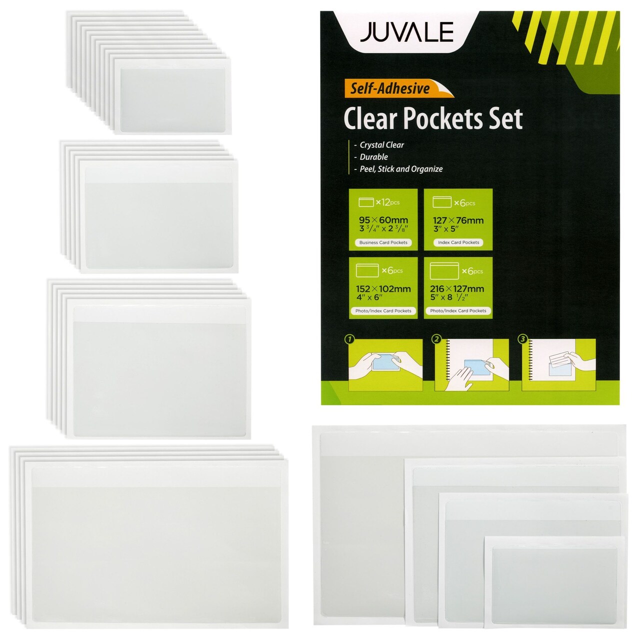 30 Pieces Clear Adhesive Pockets for Planners and Binders, Peel and Stick Index Card and Photo Pockets, Office Notebook Folder Sleeves (4 Sizes)